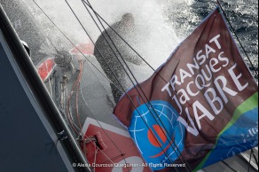 Entrainement du monocoque Imoca Groupe Queguiner-Leucemie Espoir en vue de la Transat Jacques Vabre - Skipper : Yann Elies - Co-Skipper : Charlie Dalin - Le 31/08/2015