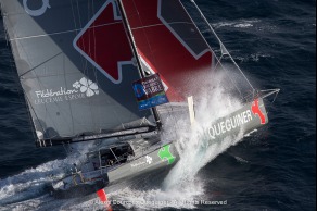 Entrainement du monocoque Imoca Groupe Queguiner-Leucemie Espoir en vue de la Transat Jacques Vabre - Skipper : Yann Elies - Co-Skipper : Charlie Dalin - Le 31/08/2015