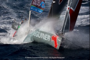 Entrainement du monocoque Imoca Groupe Queguiner-Leucemie Espoir en vue de la Transat Jacques Vabre - Skipper : Yann Elies - Co-Skipper : Charlie Dalin - Le 31/08/2015