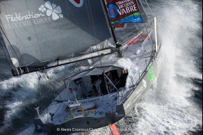 Entrainement du monocoque Imoca Groupe Queguiner-Leucemie Espoir en vue de la Transat Jacques Vabre - Skipper : Yann Elies - Co-Skipper : Charlie Dalin - Le 31/08/2015